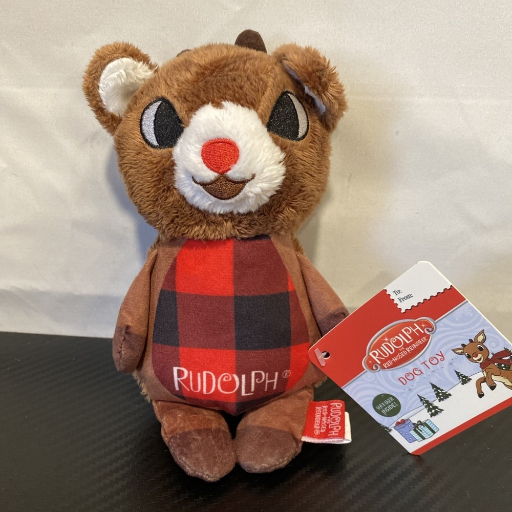 NEW Rudolph the Red-Nosed‎ Reindeer Plush Squeaky Dog Toy Brown